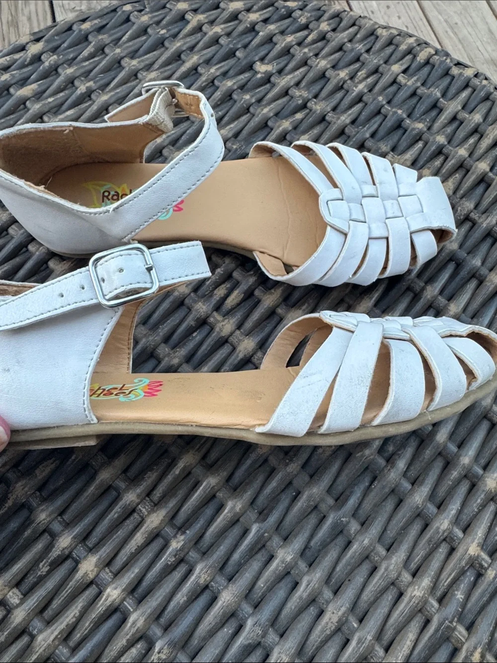 Rachel Shoes White Woven Strap Sandals with Ankle Buckle
